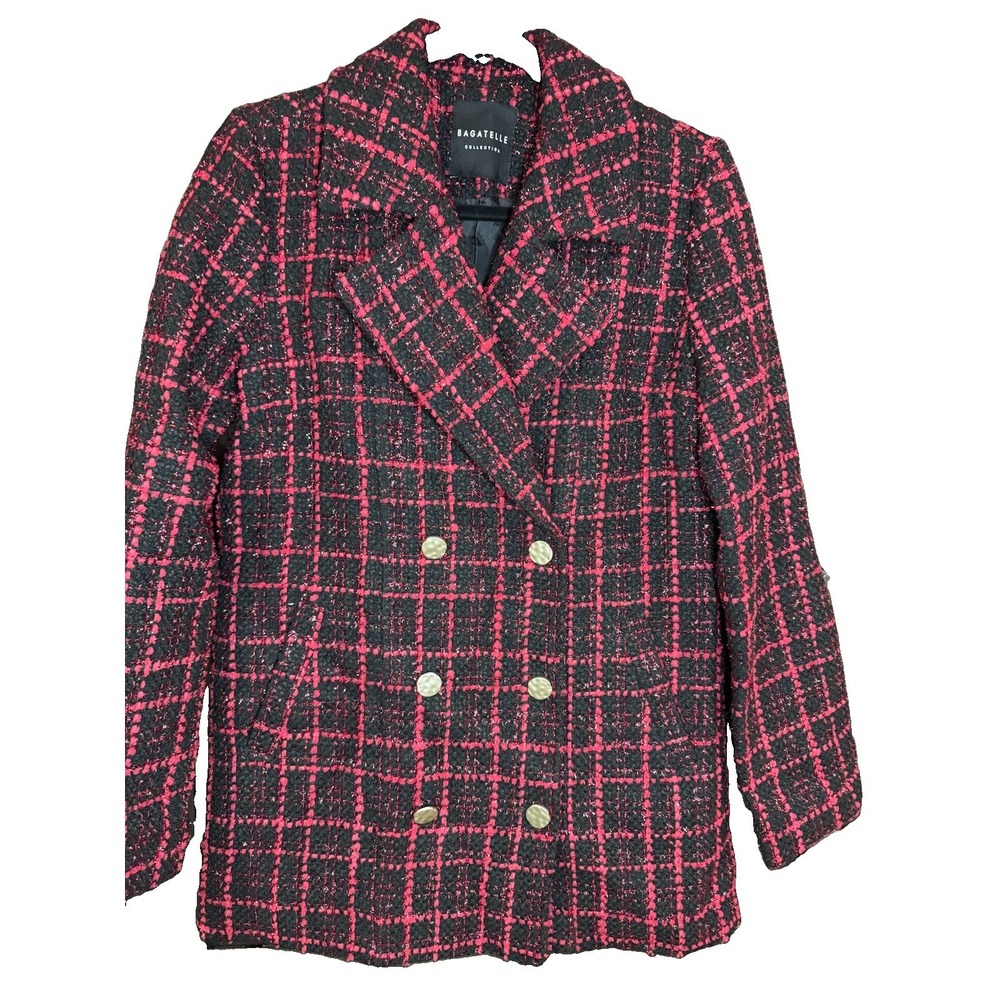 Bagatelle Collection Black Hot Pink Windowpane Plaid Tweed Double